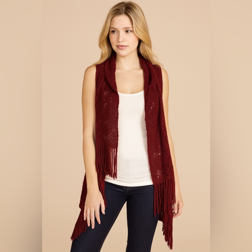 Maurices Burgundy Sleeveless Open Shawl Cardigan One Size